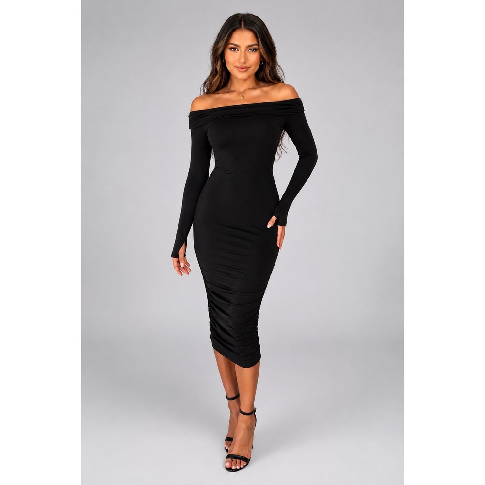 TA3 Shapey‎ Off Shoulder Ruched Black Midi Dress XXS Reg/Long Built In Shapewear